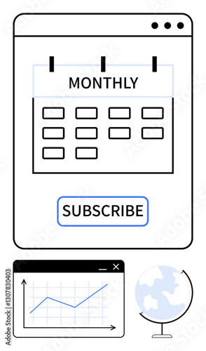 Calendar with monthly plan highlight and subscribe button, growth chart, globe. Ideal for subscription, planning, growth, analytics, scheduling global reach organized business planning. Flat simple