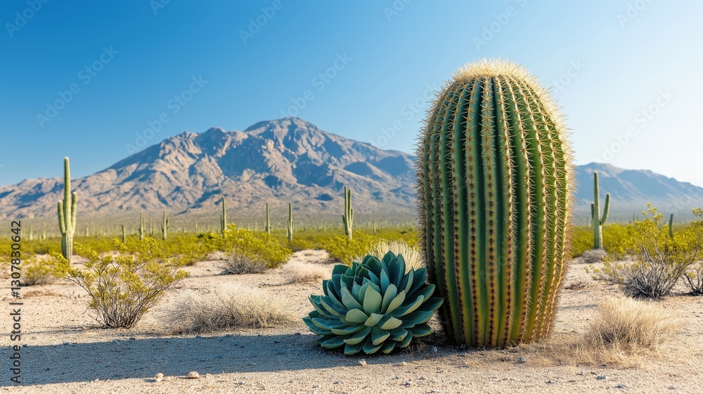 The Arizona desert features prominent cacti in the foreground, with a backdrop of jagged mountains illuminated by clear sunlight. This vibrant landscape highlights nature's beauty and tranquility The Arizona desert features prominent cacti in the foreground, with a backdrop of jagged mountains illuminated by clear sunlight. This vibrant landscape highlights nature's beauty and tranquility