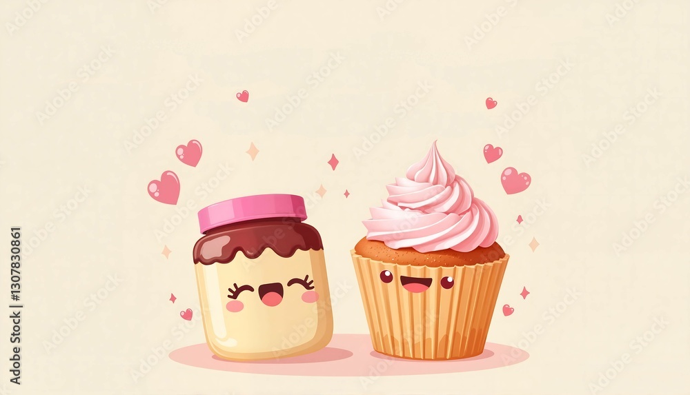 Cute cupcake and jar of chocolate spread with happy expressions Cute cupcake and jar of chocolate spread with happy expressions