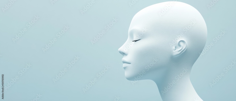White mannequin head with closed eyes in profile on light blue background Concept of artificial intelligence, beauty, and mental health White mannequin head with closed eyes in profile on light blue background Concept of artificial intelligence, beauty, and mental health
