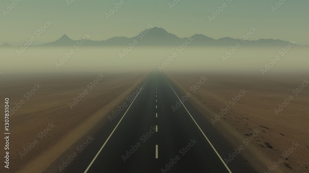Fototapeta premium An expansive view captures a long, straight road stretching into the distance. Surrounding the road is a vast desert landscape, with misty mountains appearing faintly in the background