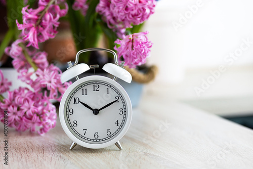 Daylight spring saving time concept. white alarm clock changing from winter to summer time. Turn time forward. Pink fresh springtime flowers hyacinth on background. Home gardening, leisure, hobby