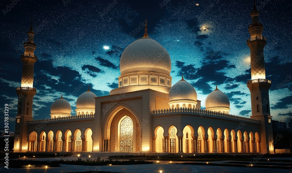 Fototapeta premium A stunning view of Merkhaba Dawn featuring a grand mosque with multiple domes and minarets, beautifully illuminated against a deep blue starry sky at dusk