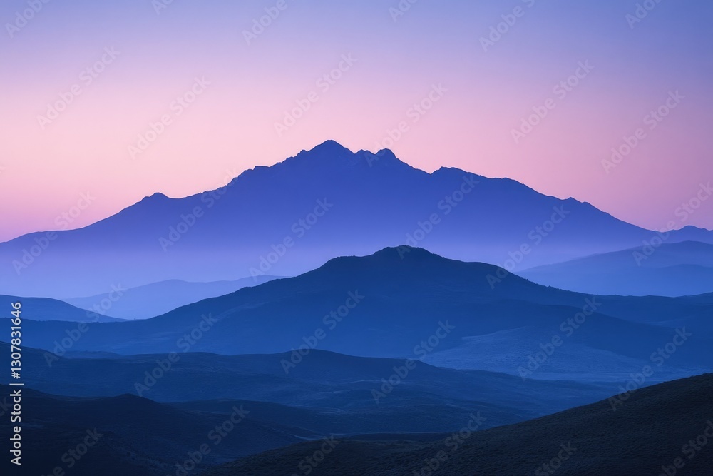 Fototapeta premium Serene sunset silhouettes of layered mountains in shades of blue and purple, a tranquil landscape.