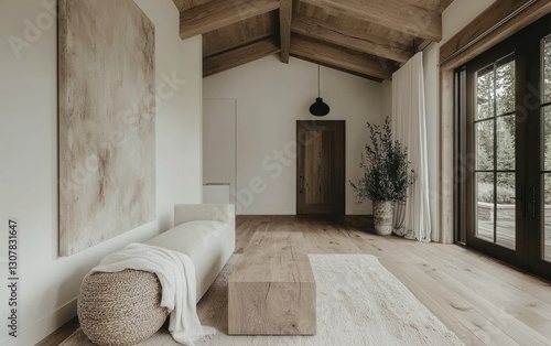 Minimalist living room with wooden beams, hardwood floors, beige sofa, and large window.
