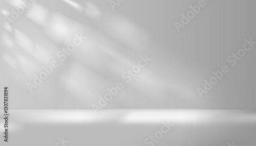3D studio white background with gray shadows from light passing through the window. Simple room backdrop and floor for product presentation. Abstract patterns, soft gradients and bright colors.
