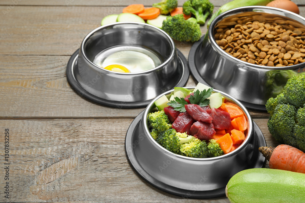 Dry and natural pet food in feeding bowls on wooden table, closeup. Space for text Dry and natural pet food in feeding bowls on wooden table, closeup. Space for text
