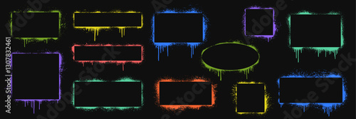 Grunge graffiti borders with wet splatters, paint drips, and ink spray texture. Urban street art geometric frames, blank callouts, and text boxes. Vector illustration of dirty, rectangular punk grafit
