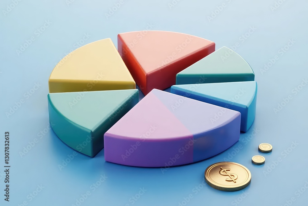 Obraz premium Colorful 3D Pie Chart with Segments and Coins Representing Financial Data Analysis 