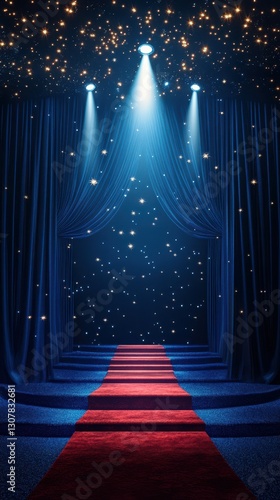 Elegant red carpet entrance with blue curtains and sparkling stars creates a magical atmosphere for a grand event