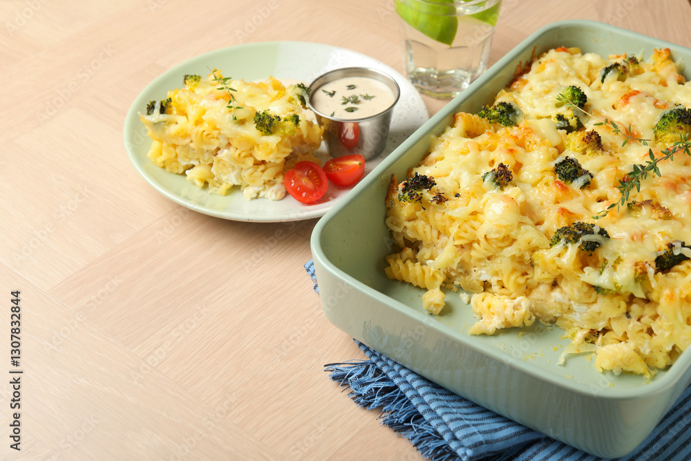 Tasty pasta casserole with cheese and broccoli served on wooden table, closeup. Space for text Tasty pasta casserole with cheese and broccoli served on wooden table, closeup. Space for text