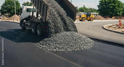 A dump truck unloading gravel onto a construction road. Construction Equipment and Machinery