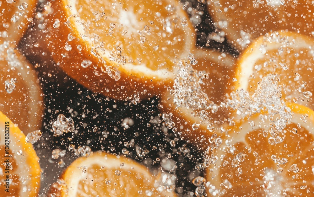 Close-up of orange slices submerged in sparkling water, with water droplets splashing.
