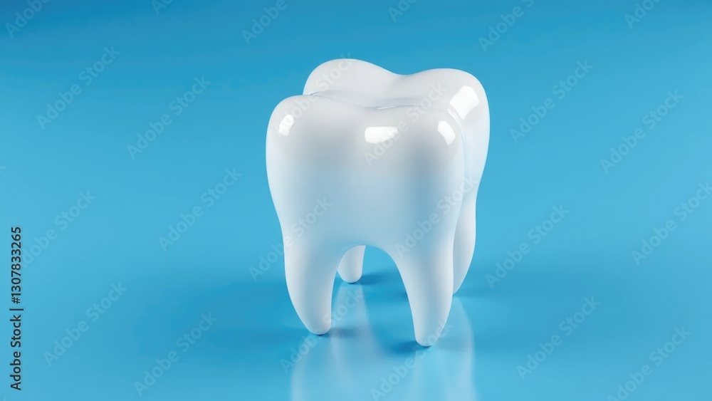 Shiny white tooth on reflective surface with blue gradient background Shiny white tooth on reflective surface with blue gradient background