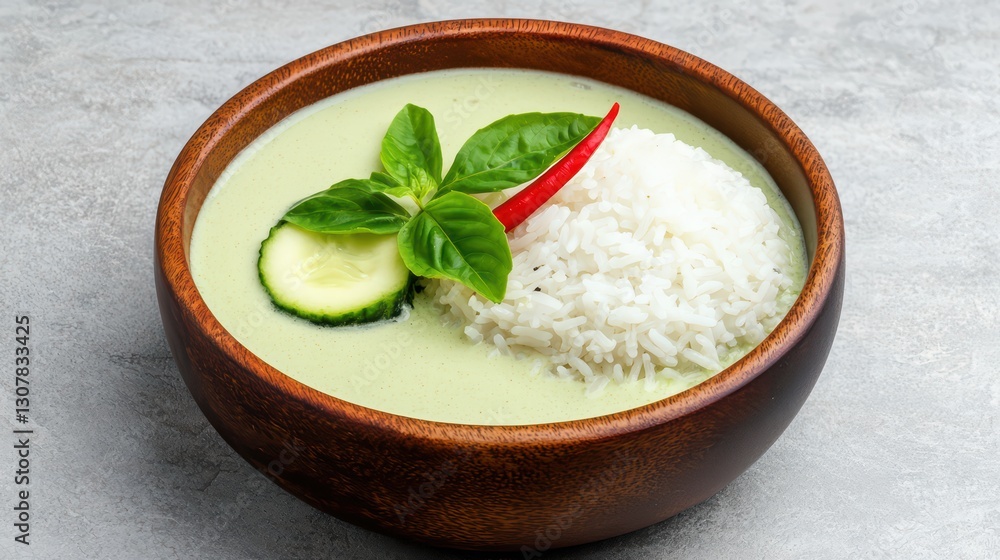 Thai Green Curry with Jasmine Rice and Fresh Basil Leaves in a Rustic Wooden Bowl Thai Green Curry with Jasmine Rice and Fresh Basil Leaves in a Rustic Wooden Bowl