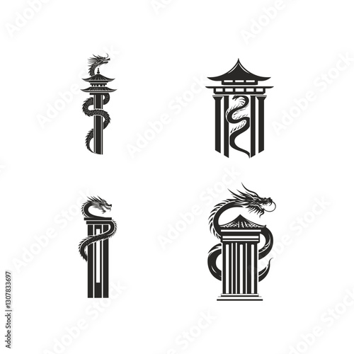 the great dragon coils around the pagoda design vector template illustration