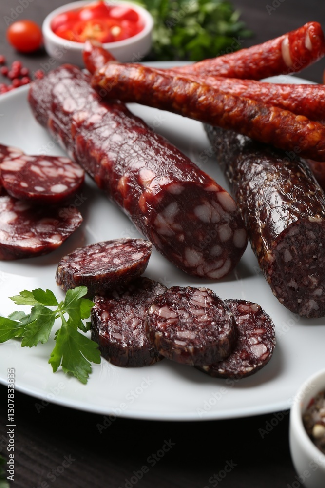 Different smoked sausages and spices on table, closeup Different smoked sausages and spices on table, closeup