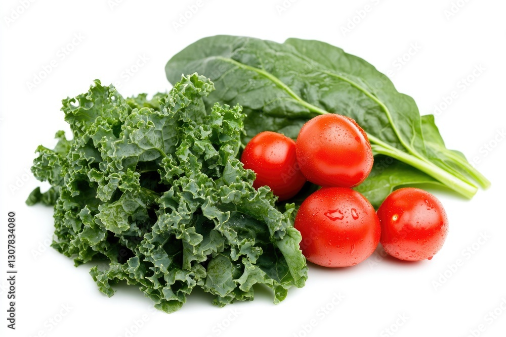 Fresh kale, spinach, and ripe tomatoes arranged together, showcasing vibrant colors and healthy ingredients. Fresh kale, spinach, and ripe tomatoes arranged together, showcasing vibrant colors and healthy ingredients.