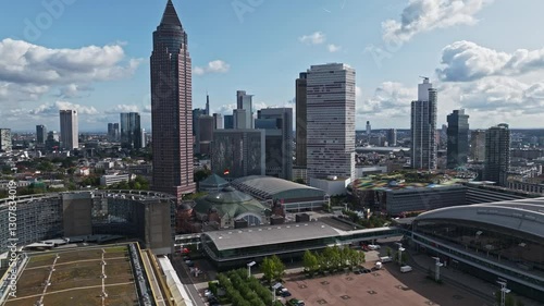 Aerial Drone View of Messe Frankfurt Exhibition Center in Frankfurt, Germany – Expansive Trade Fair Complex with Modern Architecture .