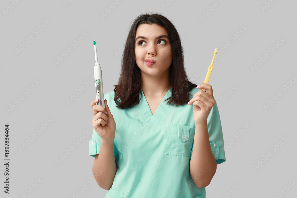 Female dentist with toothbrushes on grey background. World Dentist Day Female dentist with toothbrushes on grey background. World Dentist Day