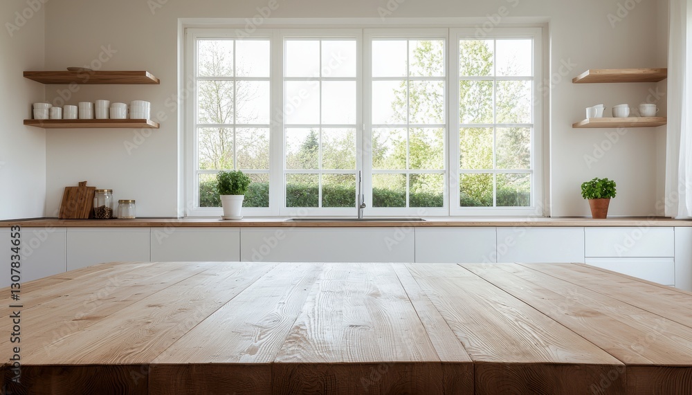 Wooden table in focus with blurred modern kitchen background Wooden table in focus with blurred modern kitchen background
