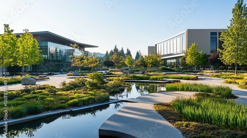 Modern Corporate Campus: Serene Landscape Design with Water Features