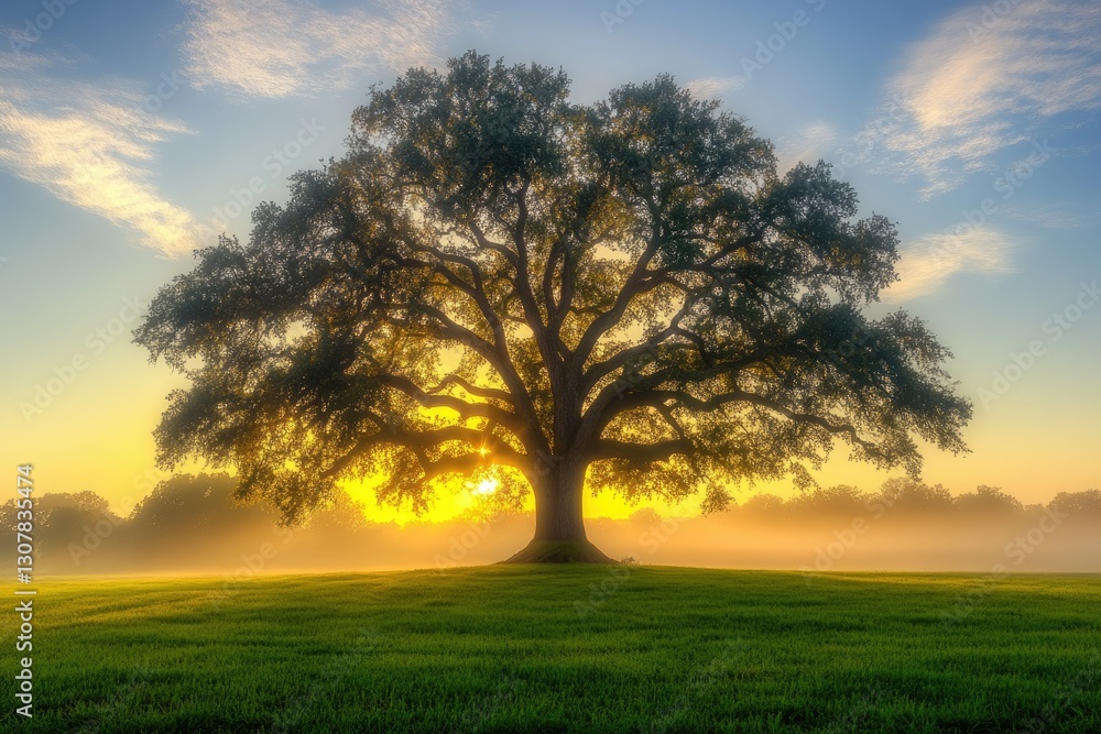 Obraz premium Majestic oak tree silhouetted against a vibrant sunrise in a misty field.