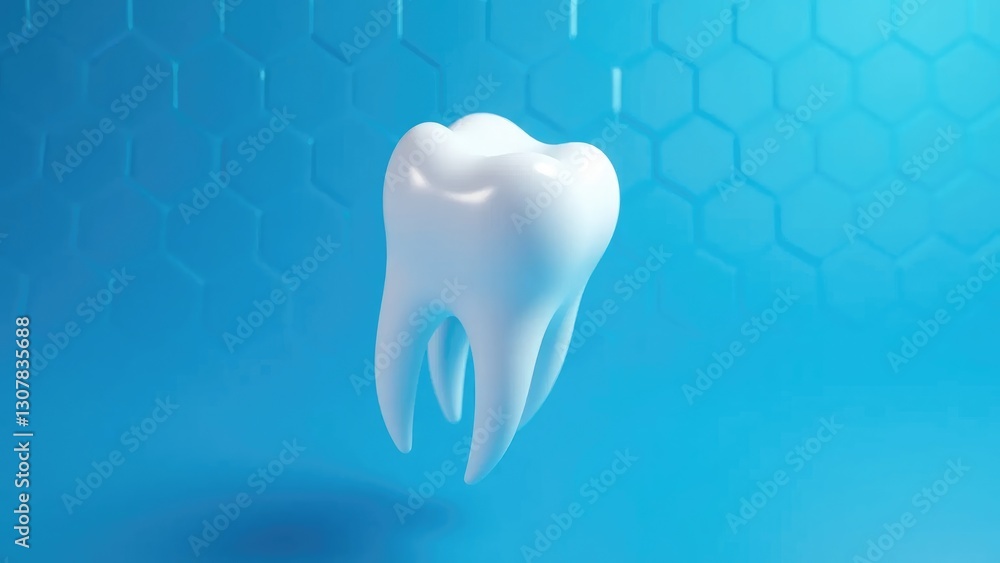Shiny white tooth floating with a futuristic hexagonal pattern in the background Shiny white tooth floating with a futuristic hexagonal pattern in the background
