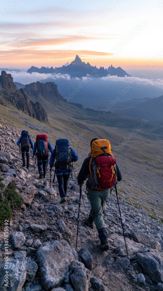 Fototapeta premium Determined climbers ascend the slopes of Mount Kilimanjaro, showcasing the challenge and beauty of Africa's iconic summit. 