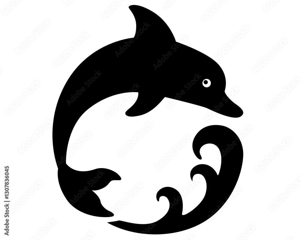 Obraz premium Bottlenose Dolphin Dives Into the Sea Wave - vector stylized silhouette illustration for logo or pictogram. Jumping Dolphin and wave - a sign or symbol for identity.