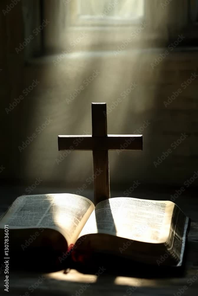 Christian faith symbols: Cross and open Bible illuminated by divine light. Spiritual study, prayer, and worship concept for religious meditation. Vertical video Christian faith symbols: Cross and open Bible illuminated by divine light. Spiritual study, prayer, and worship concept for religious meditation. Vertical video