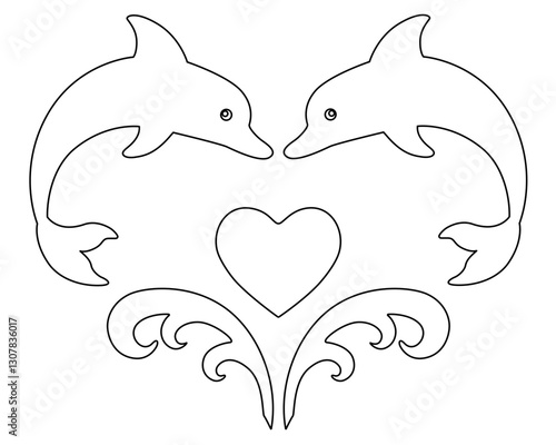 Dolphins and sea waves in the shape of a heart - a vector line drawing with an editable outline. Outline. Bottlenose dolphins - marine mammals jumping over the waves for coloring.	