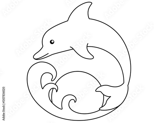 Dolphin jumps out of the sea against the background of the wave and the setting sun - vector linear illustration for coloring. Outline. A bottlenose dolphin dives into an ocean wave at dawn.	