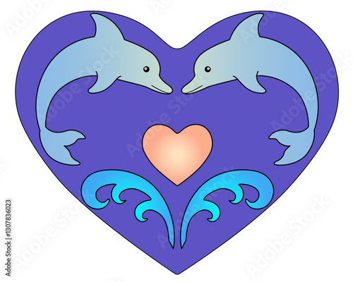 Dolphins and sea waves in the shape of a heart - vector full color drawing. Heart with bottlenose dolphins - marine mammals jumping over the waves.	