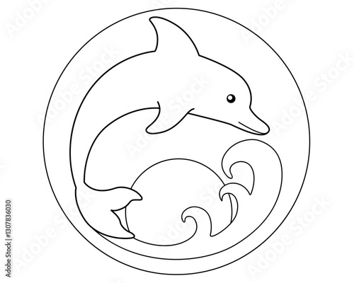 Bottlenose dolphin Dives Into the Sea Wave against the Rising Sun Background - vector stylized linear picture for logo or coloring. Jumping Dolphin, sunset and wave - outline.	