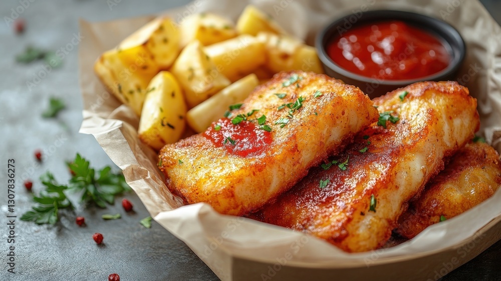 Crispy Fried Fish and Chips with Ketchup Crispy Fried Fish and Chips with Ketchup