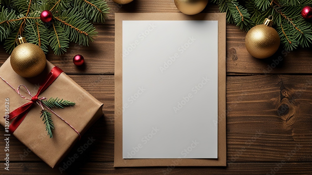 Obraz premium Greeting card christmas mockup with fir tree branches on dark wooden background
