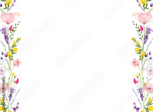 Watercolor floral seamless vertical border frame. Diverse meadow pastel pink, peach, blue, yellow, violet flowers, green branches. Hand drawn style illustration. Artistic template design.