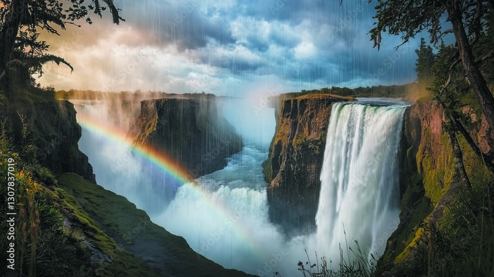 Fototapeta premium Fairytale forest landscape with multiple waterfalls, lush greenery, flowers near water and soft sunlight streaming through trees