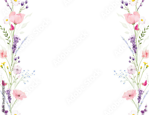 Watercolor floral seamless border vertical. Meadow pastel pink poppy, violet lavender flowers, chamomiles, green branches. Hand drawn style illustration. Artistic template design.