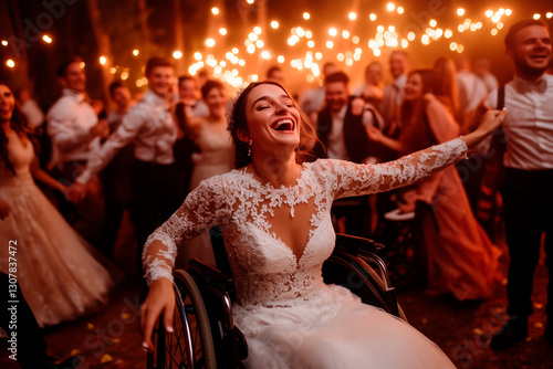 Bride in Wheelchair at Wedding Reception with Sparkler Lights