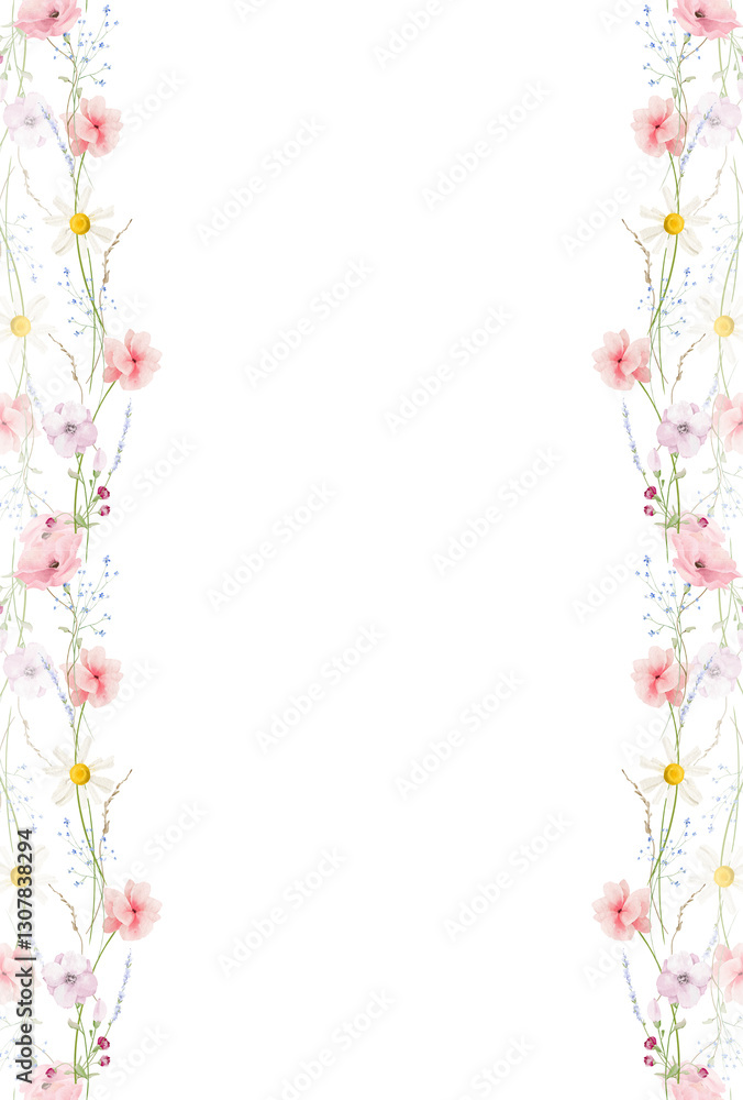Obraz premium Watercolor floral seamless vertical border frame. Diverse meadow pastel pink, peach, blue, yellow, violet flowers, green branches. Hand drawn style illustration. Artistic template design.