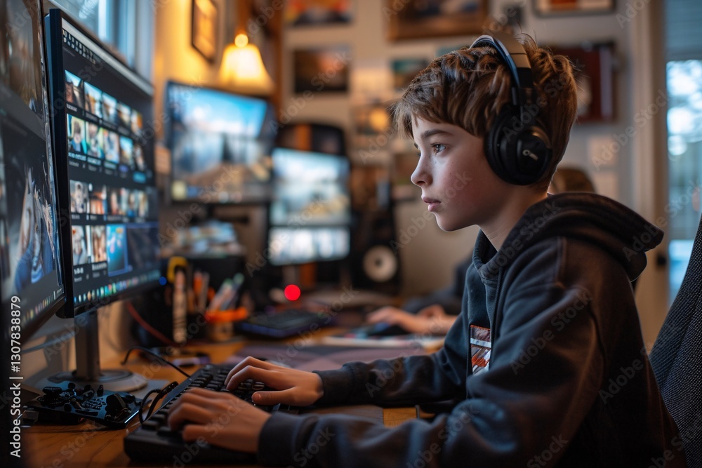 A boy is focused on video editing in a cozy home office during the late afternoon, surrounded by multiple computer screens displaying various editing software A boy is focused on video editing in a cozy home office during the late afternoon, surrounded by multiple computer screens displaying various editing software