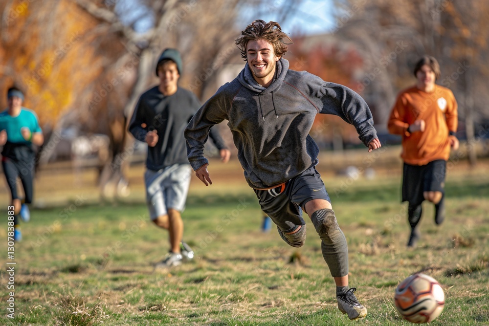 A group of young athletes is training in a park, with one player sprinting ahead while others jog behind A group of young athletes is training in a park, with one player sprinting ahead while others jog behind