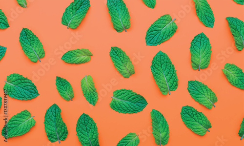 Fresh mint leaves pattern on orange color background, top view. Fresh mint leaves on colorful background. Healthy eating concept colorful spring pattern. Template, wallpaper. Illustration.