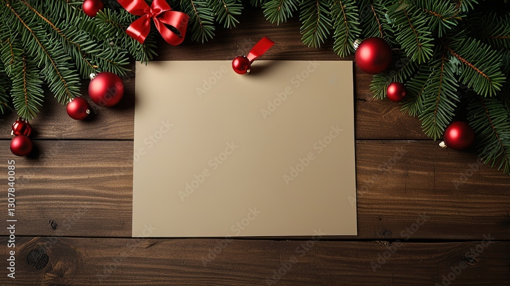 Fototapeta premium Greeting card christmas mockup with fir tree branches on dark wooden background