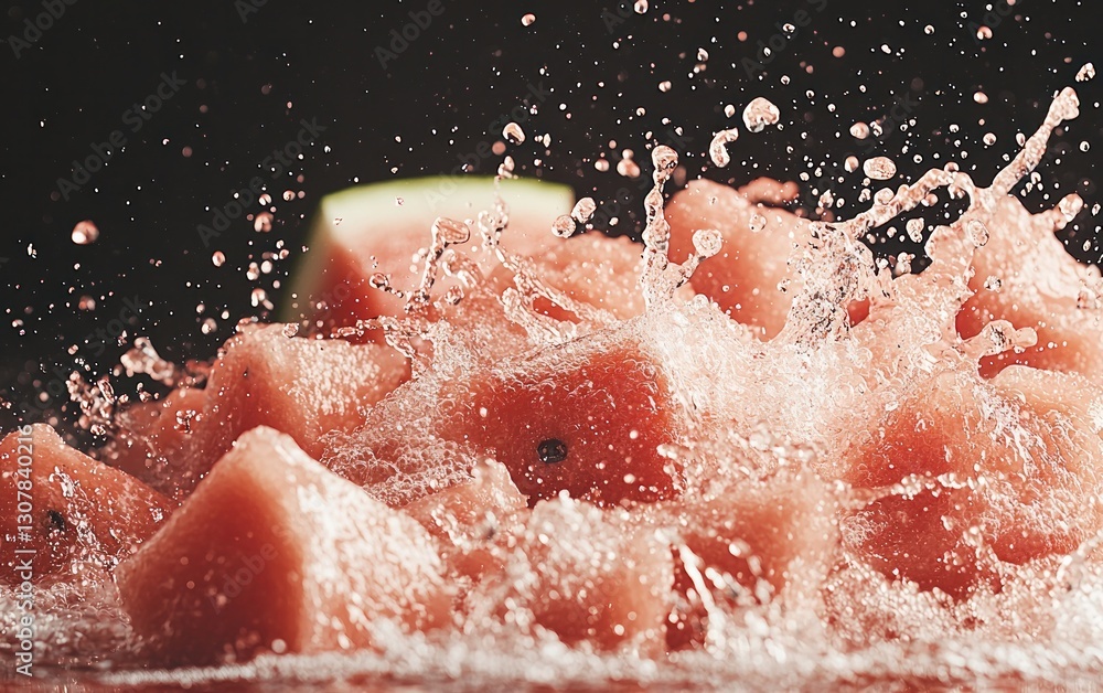 Fototapeta premium Juicy watermelon cubes splashing in water.