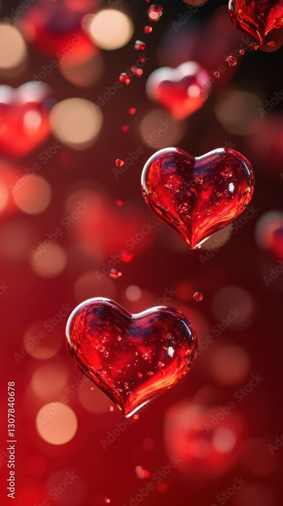 Bright red hearts floating in a dreamy background with soft bokeh lights during a romantic atmosphere Bright red hearts floating in a dreamy background with soft bokeh lights during a romantic atmosphere