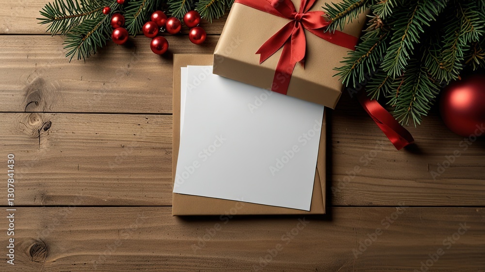 Obraz premium Greeting card christmas mockup with fir tree branches on dark wooden background