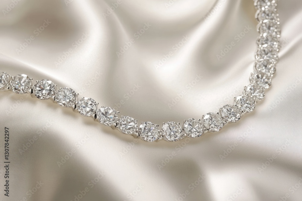 A dazzling diamond necklace rests on luxurious silk, showcasing its brilliance and elegance. A dazzling diamond necklace rests on luxurious silk, showcasing its brilliance and elegance.